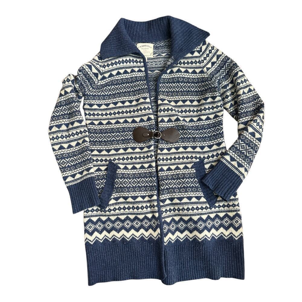 Cambridge Women's Blue Fair Isle Toggle Long Sleeves Cardigan Sweater Size Large